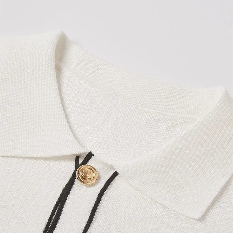 White short sleeve women's cardigan with dark contrast lapel collar, old money style.