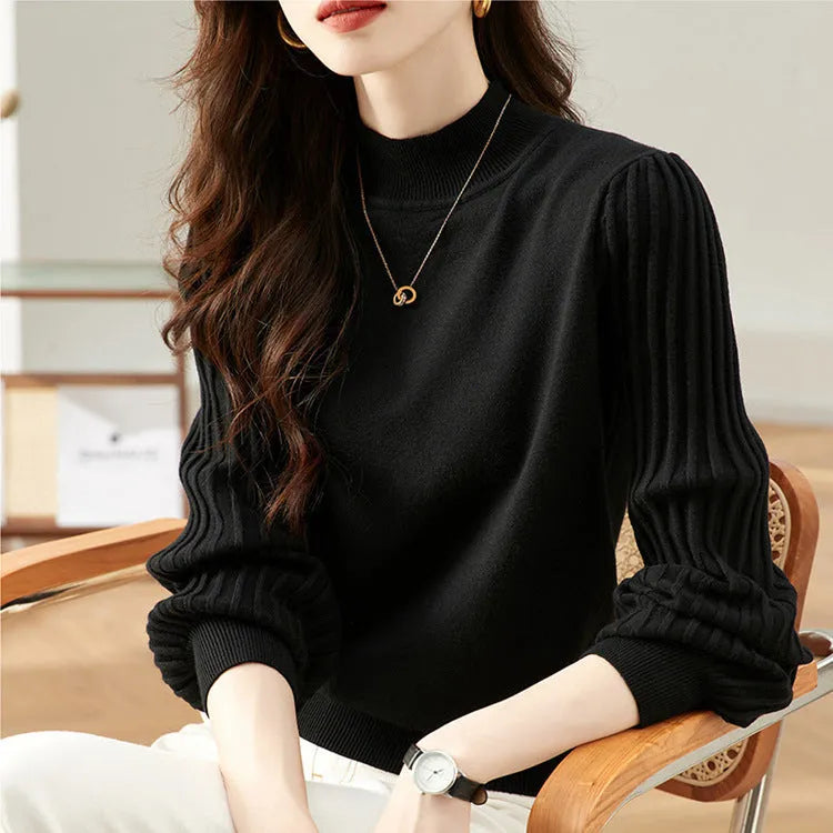 Slimming half turtleneck pullover shirt with sunk stripe design in core-spun fabric