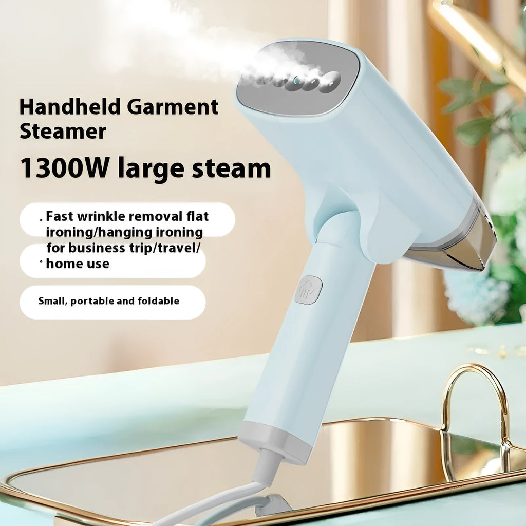 Blue and white handheld garment steamer with water tank and power cord on a white background.