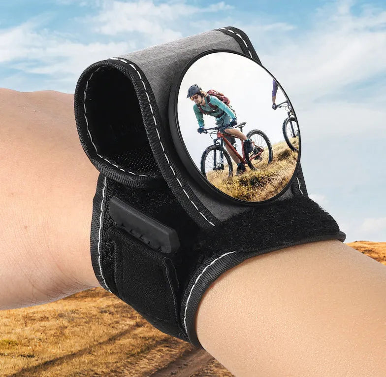 Black nylon wrist-mounted cycling rear-view mirror for bicycle safety