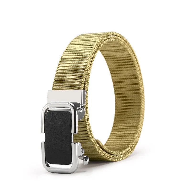 Men's nylon canvas toothless belt with alloy buckle in multiple colour options showing 120cm length