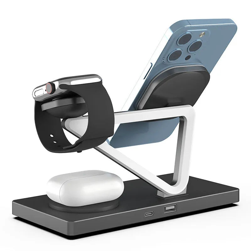 Black and white five-in-one wireless charging station with magnetic bracket, circular base, and watch charging position