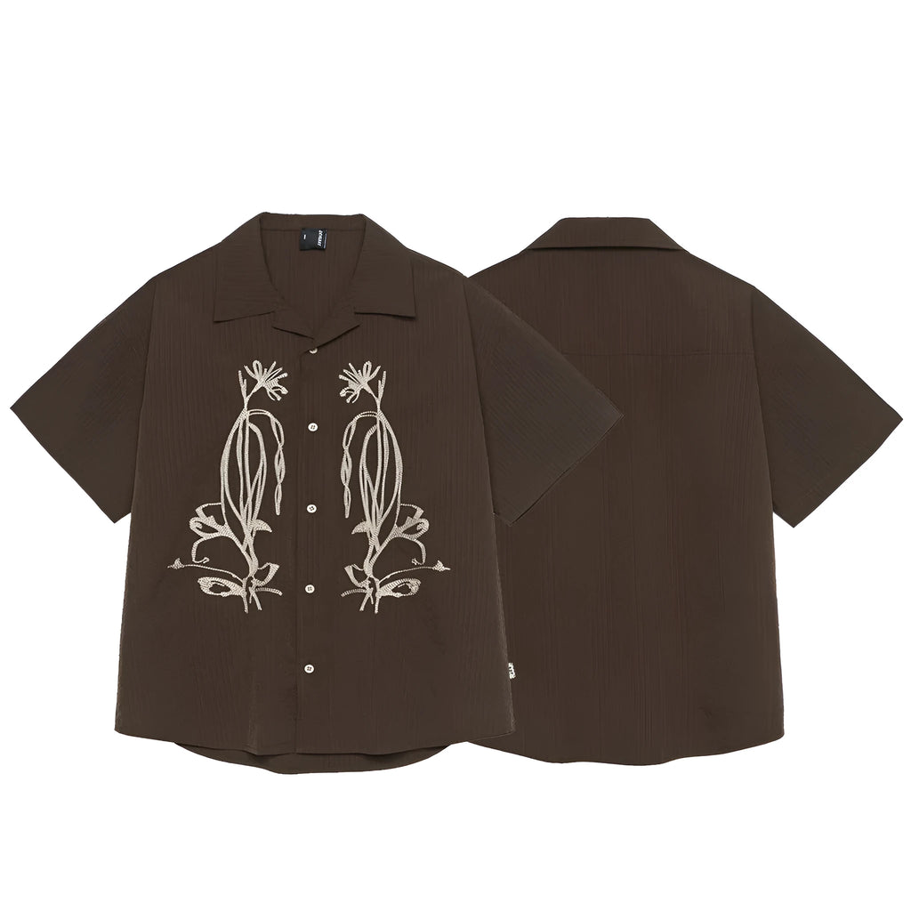 Brown striped Cuban collar short sleeve outdoor shirt with waterproof quick-drying fabric