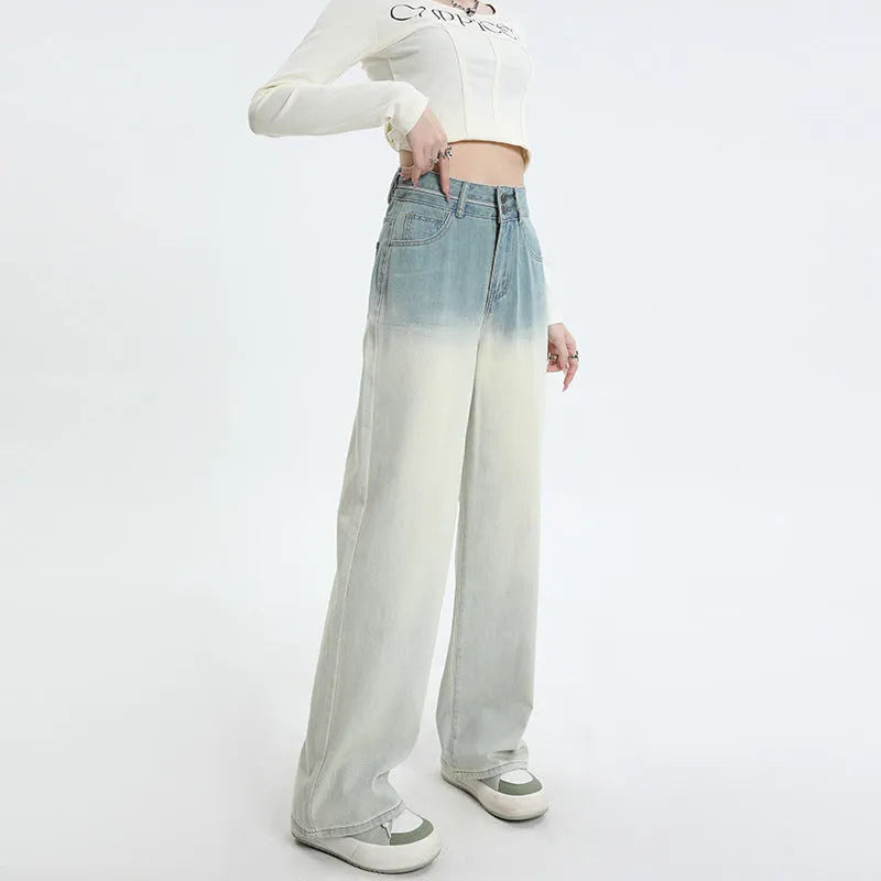 Women's gradient blue straight-leg denim trousers with wide-leg cut on hanger