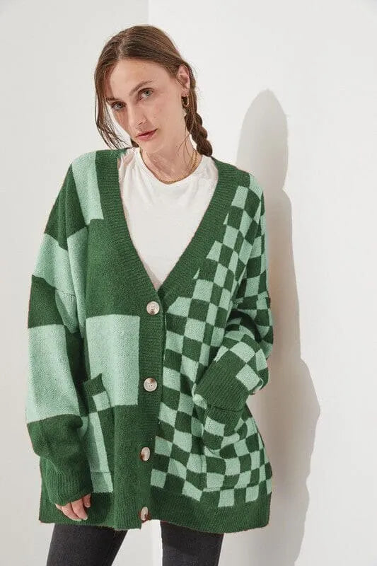 Printed checks loose slim fit cardigan in polyester spandex fabric available in six colours