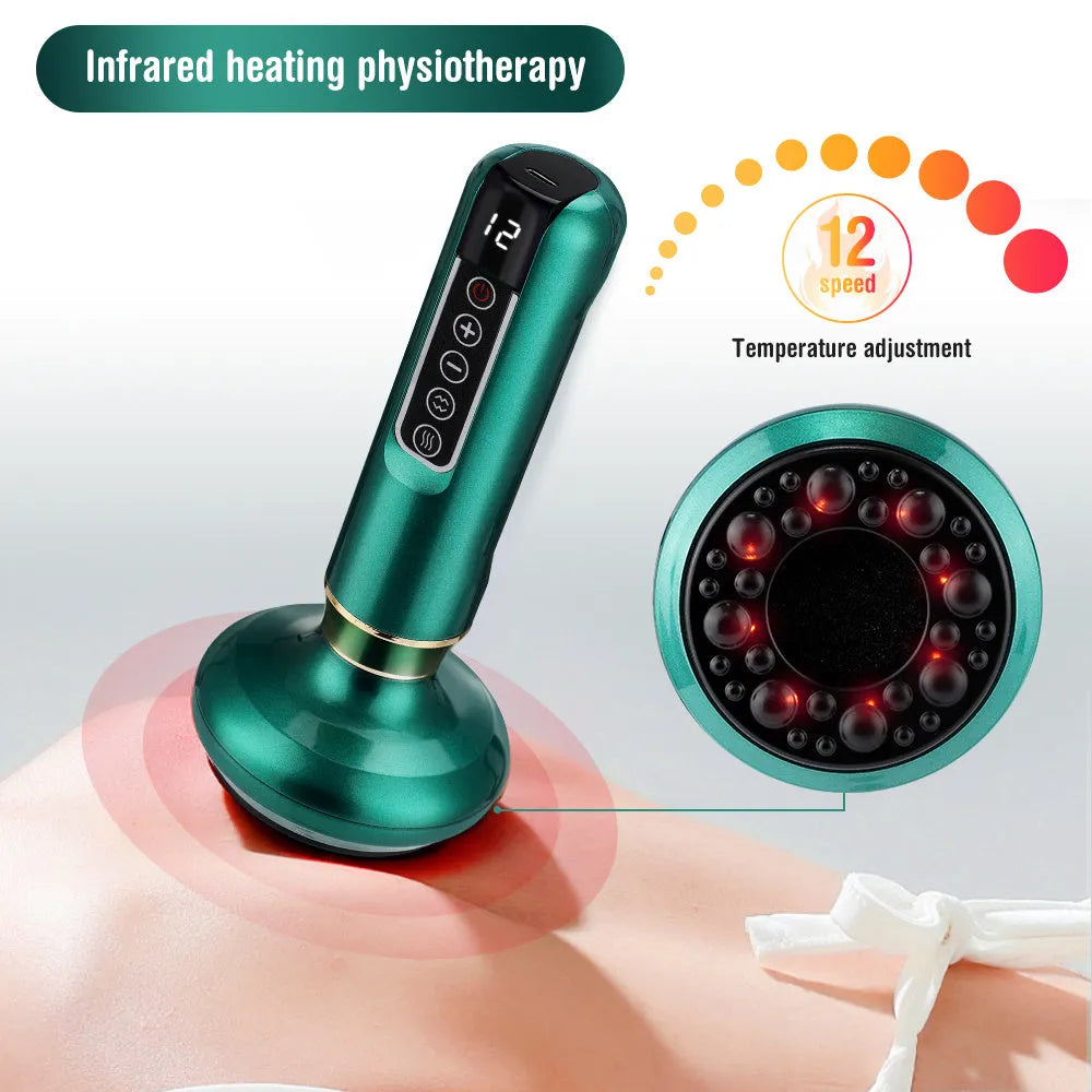 Green electric vacuum cupping massager with gua sha head on a white background.