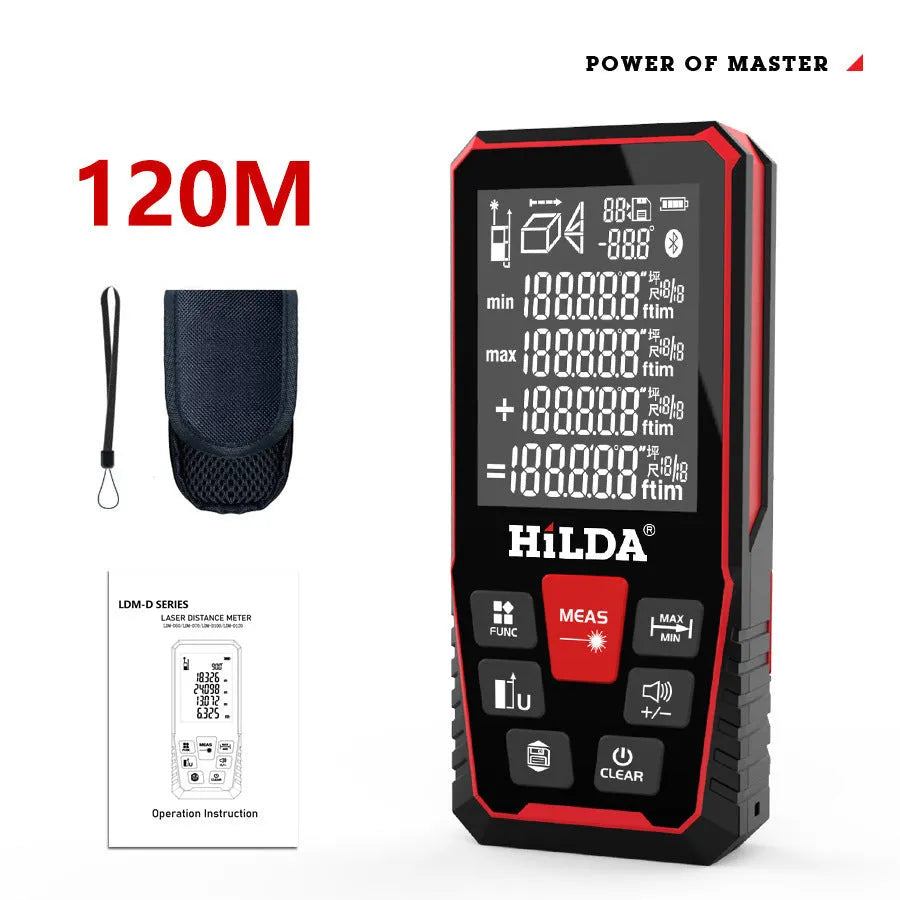 Handheld laser rangefinder for indoor distance measurement, available in 100m or 120m range models.