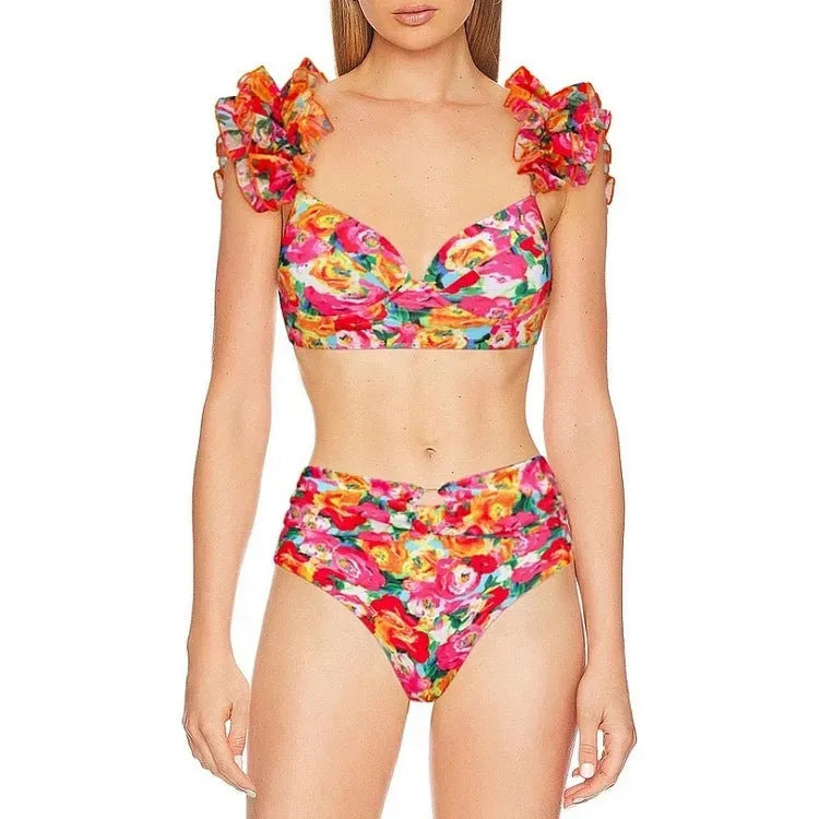 Floral pattern women's push up bikini with high waist design and split styling