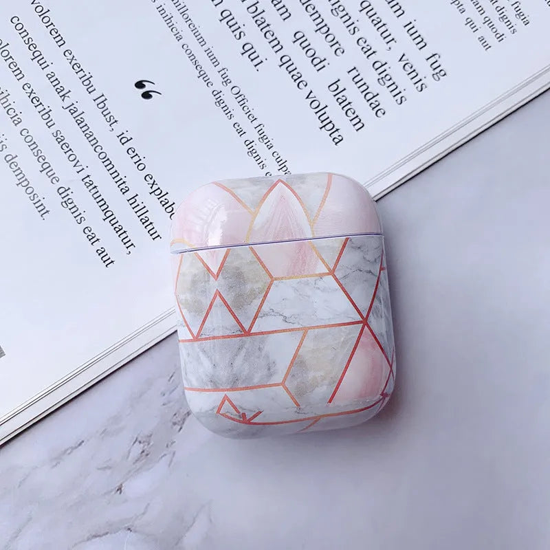 White marble hard PC protective case covering Apple AirPods wireless earphone charging box