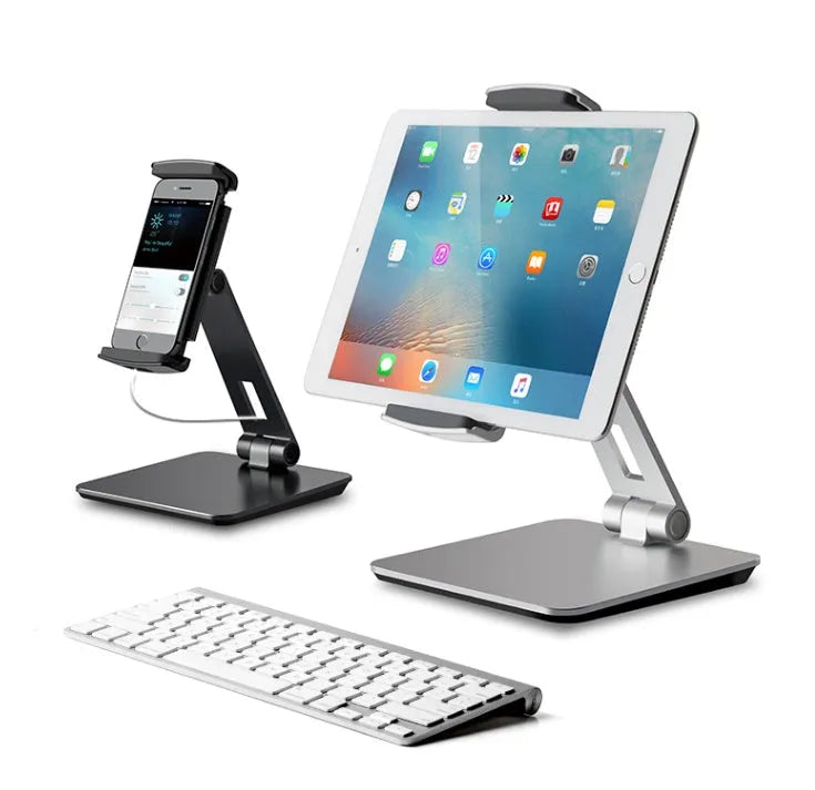 Aluminium folding desktop phone and tablet holder with 360-degree rotation in silver colour