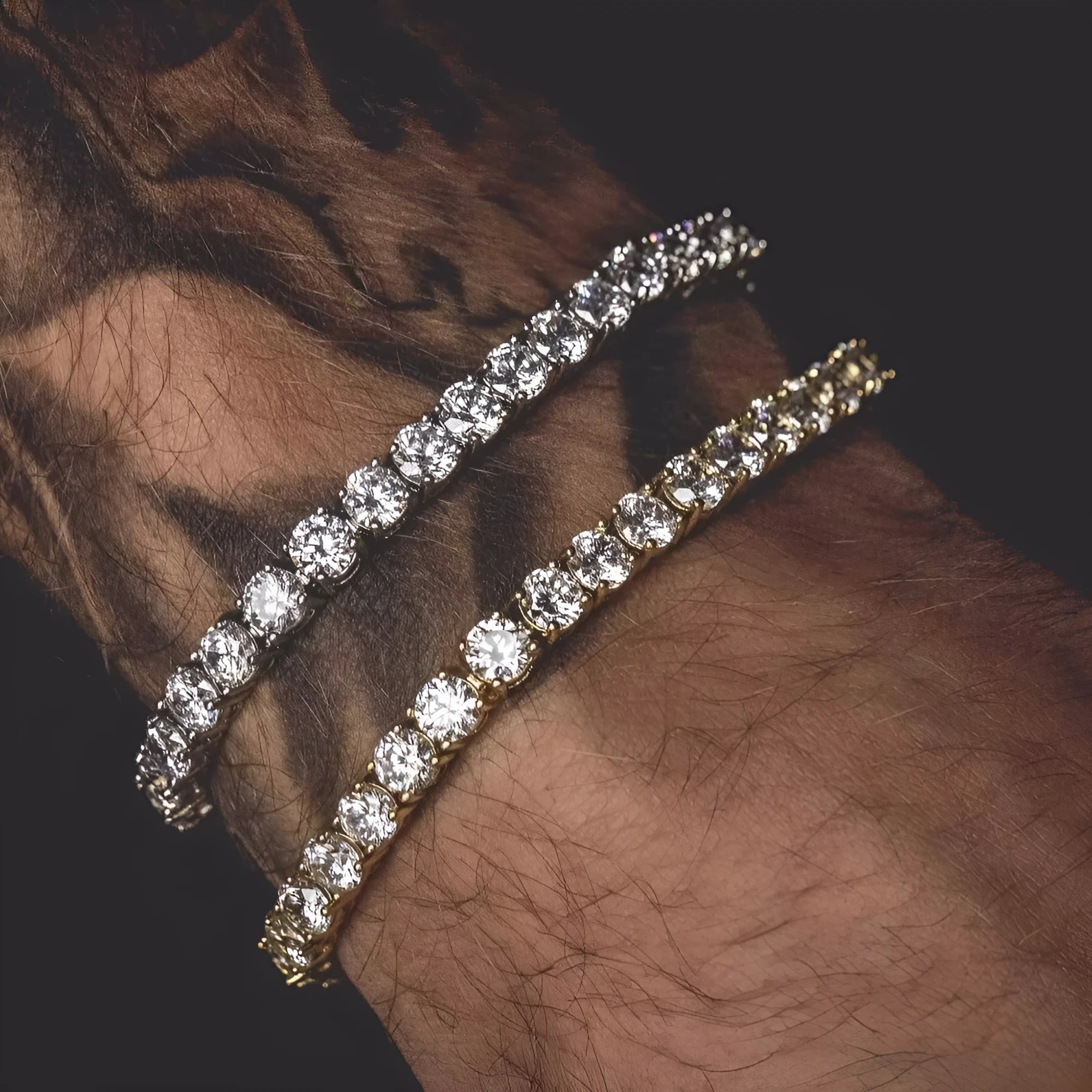 Men's geometric hip hop bracelet with single row iced-out rhinestones and tennis charm on alloy link chain