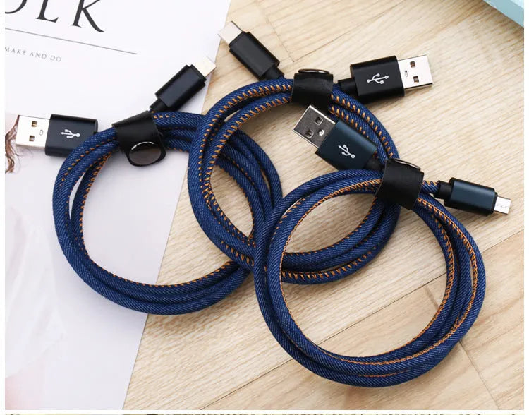 Denim braided Type-C charging cable showing black, blue and red colour options with aluminium alloy connectors