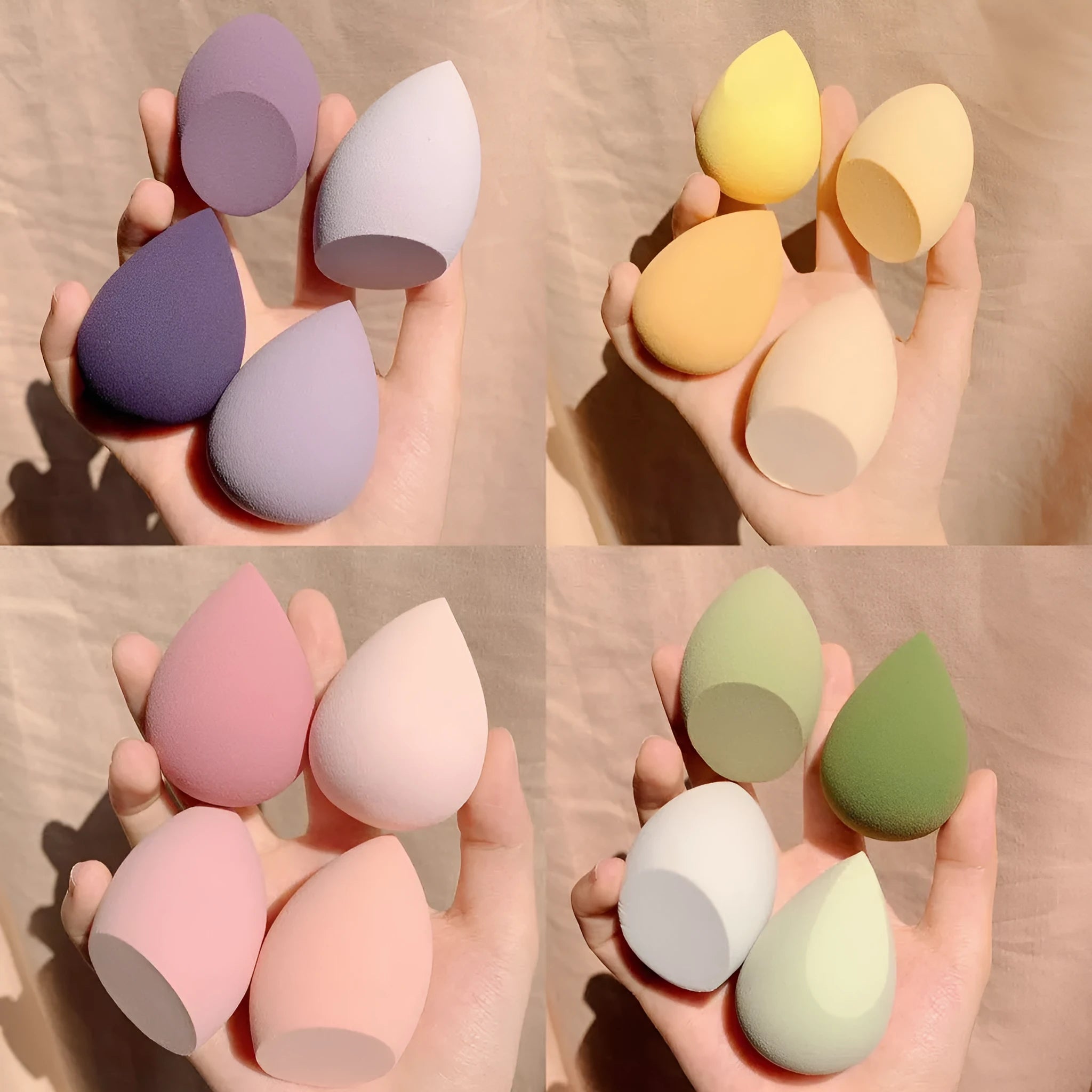 Makeup egg box containing four synthetic sponge beauty blenders in grape, mango, mint and peach colours