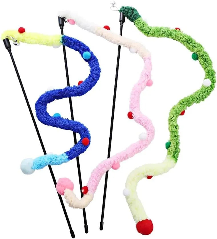 Blue cat teaser wand with plush strip, colourful ball, and bell on 41cm pole