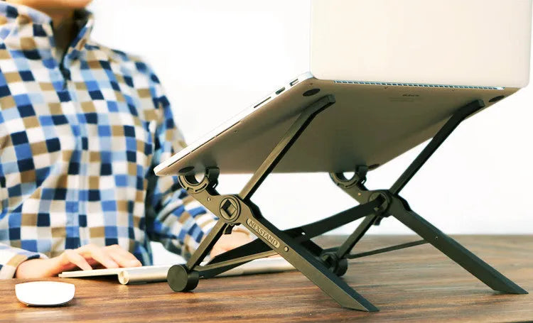 Black folding portable laptop stand showing folded dimensions of 35.4cm wide