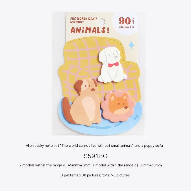 Animal-shaped sticky note set with 90 pages showing six different animal-themed designs