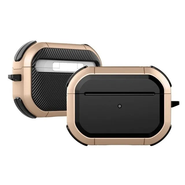 Black TPU and PC protective shell case fitted on a white Apple AirPods Pro charging case.