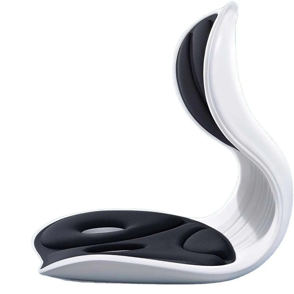 Japanese-style grey and black lumbar support cushion for chairs, showing Classic and Upgraded models.
