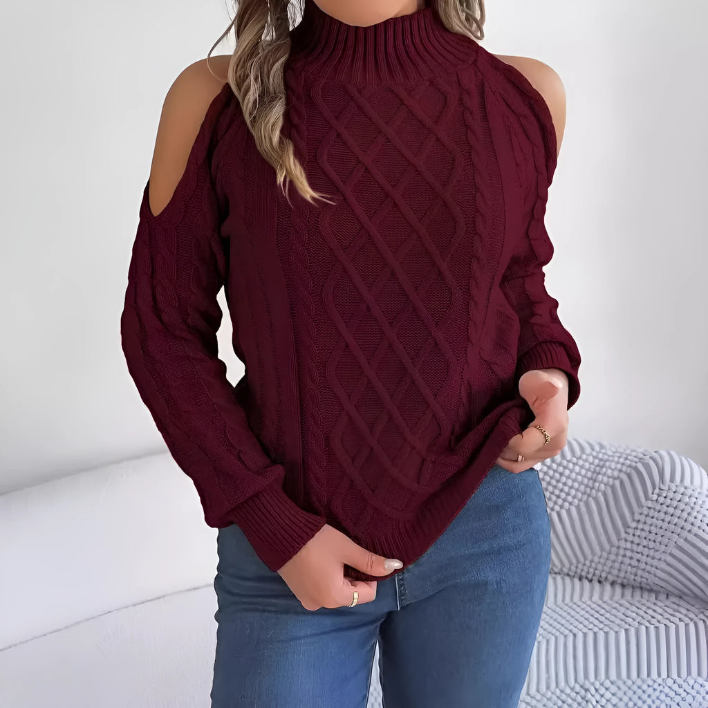Women's casual sweater with twisted pattern, strapless half-high collar, and lantern sleeves