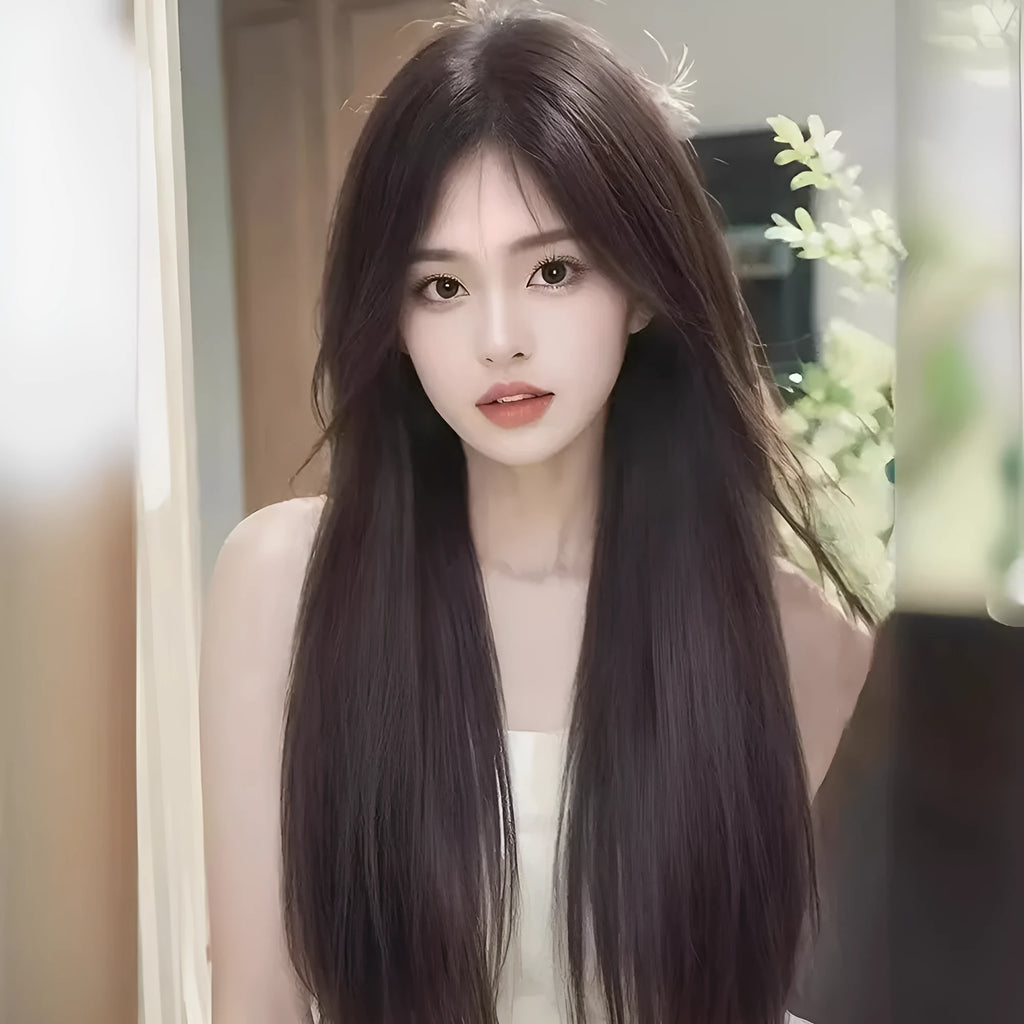 Forehead lace long straight synthetic wig in dark brown with side bangs styling