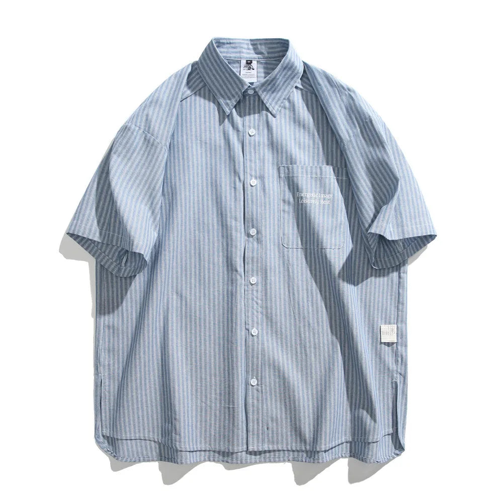 Blue and white striped loose-fit short-sleeved overalls shirt or cardigan for men and women