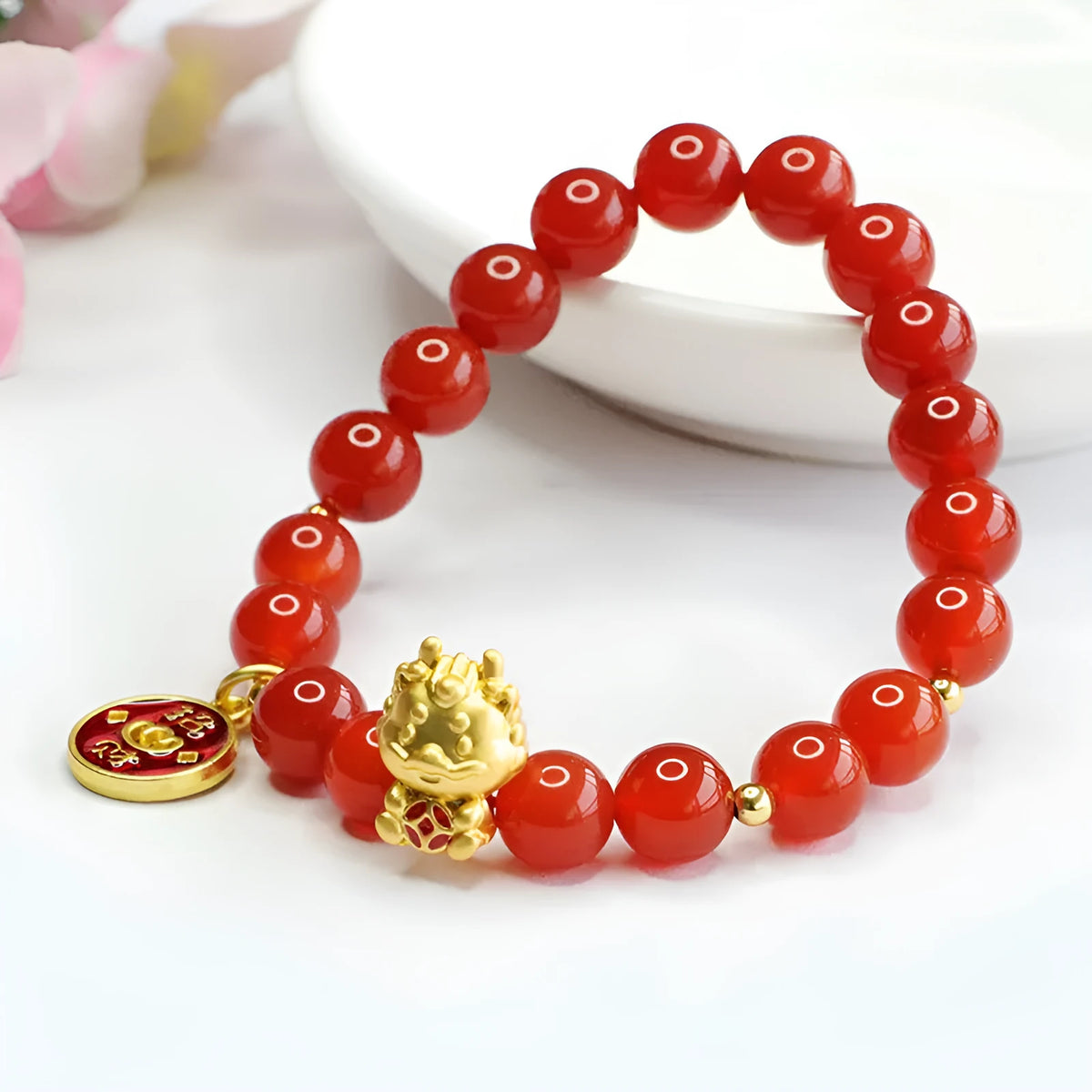 Red agate dragon zodiac bracelet with 8mm round beads and adjustable knot closure