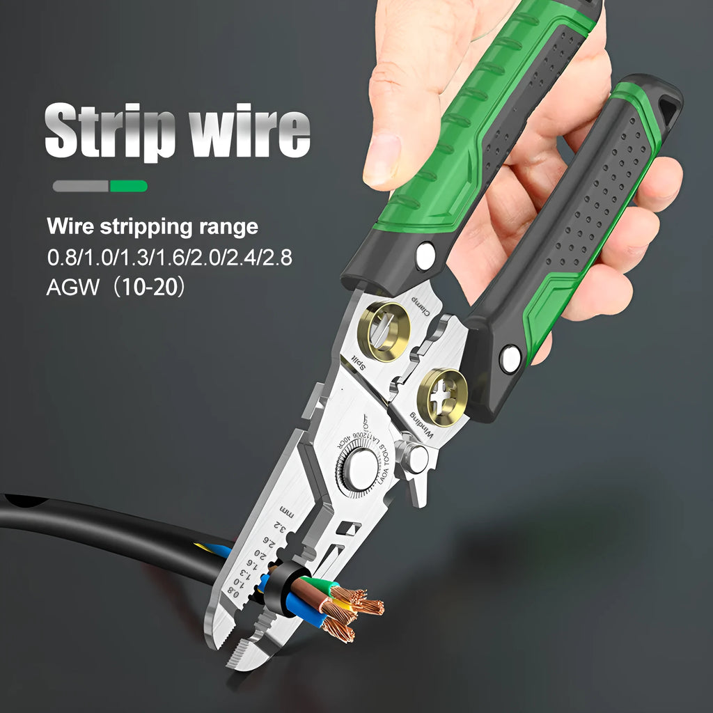 Stainless steel 7-in-1 wire stripper and crimping tool with two-colour handle for 0.8-3.2mm cables.