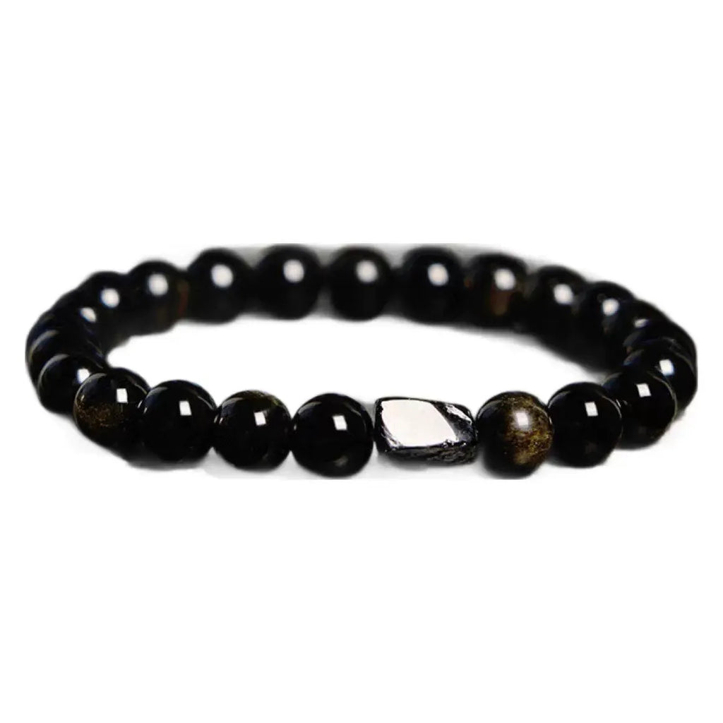 Natural obsidian single ring bracelet with 8mm constellation beads in gold, blue, or green stone variants