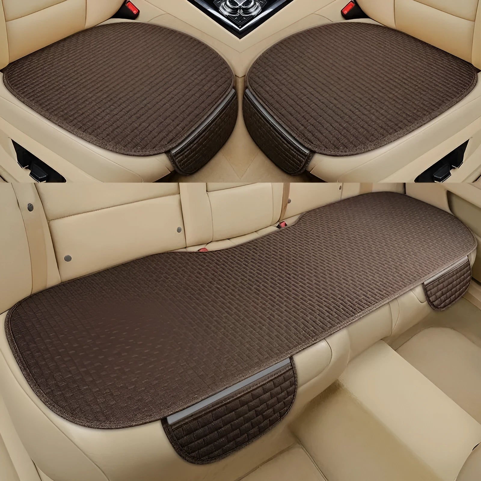 Linen plaid car seat cushion in choice of colours, shown as a single piece and a three-piece set.