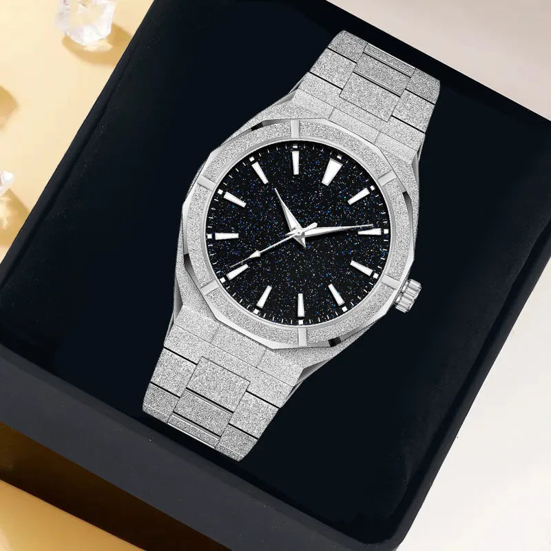 Men's business watch with frosted stainless steel case and luminous hands in silver colour option