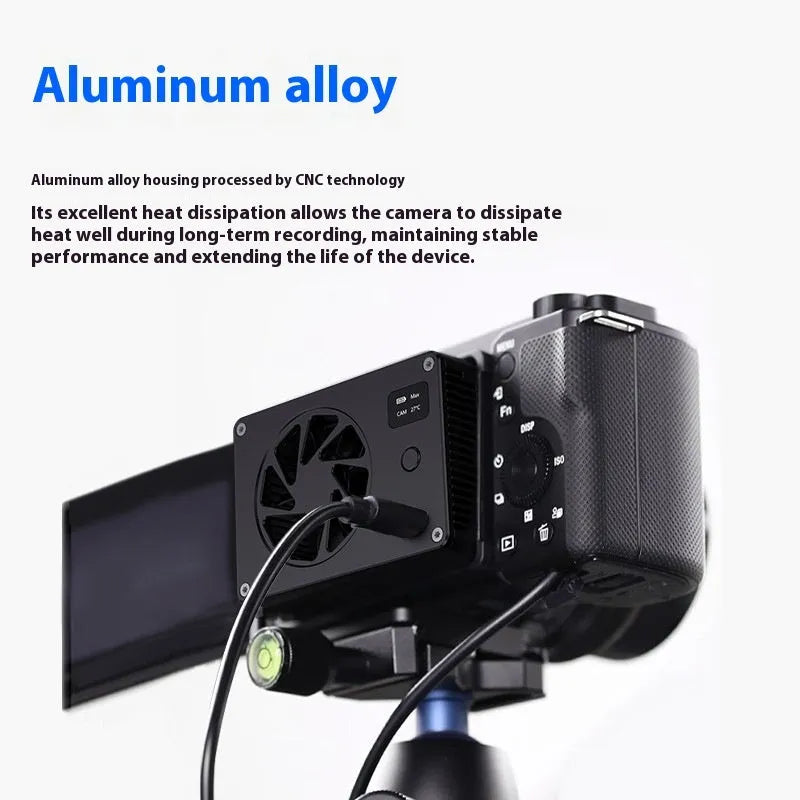 Black aluminium alloy smart cooling radiator with fan, measuring 89mm by 52mm