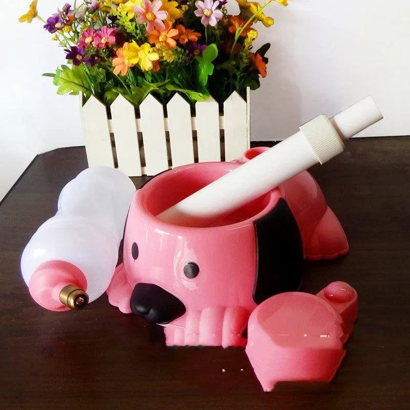 Adjustable height pet drinking bowl with water dispenser in pink, blue, or yellow colour options