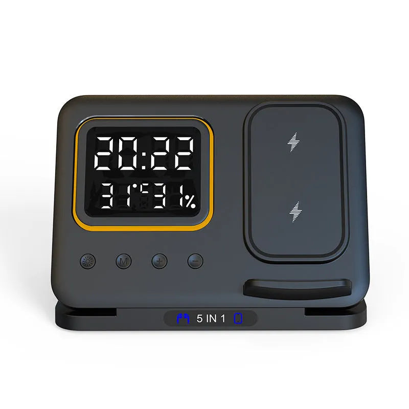 Black foldable wireless charging station displaying time and temperature, charging a phone and smartwatch.