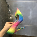 Rainbow glossy patent leather women's stiletto sandals with a pointed toe and thin ultra-high heel.