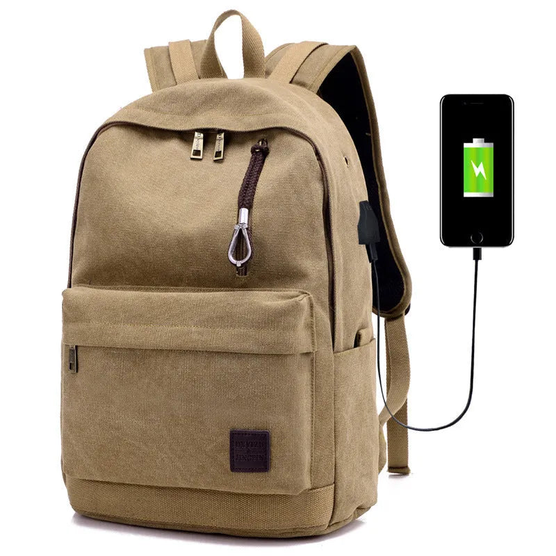 Canvas backpack with USB charging port and shoulder straps in khaki colour.