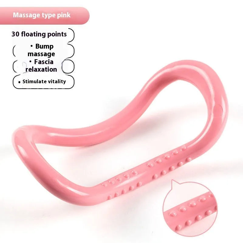 Yoga four piece set showing leg stretching device, foot pedaler, yoga ring, and figure eight tension rope.