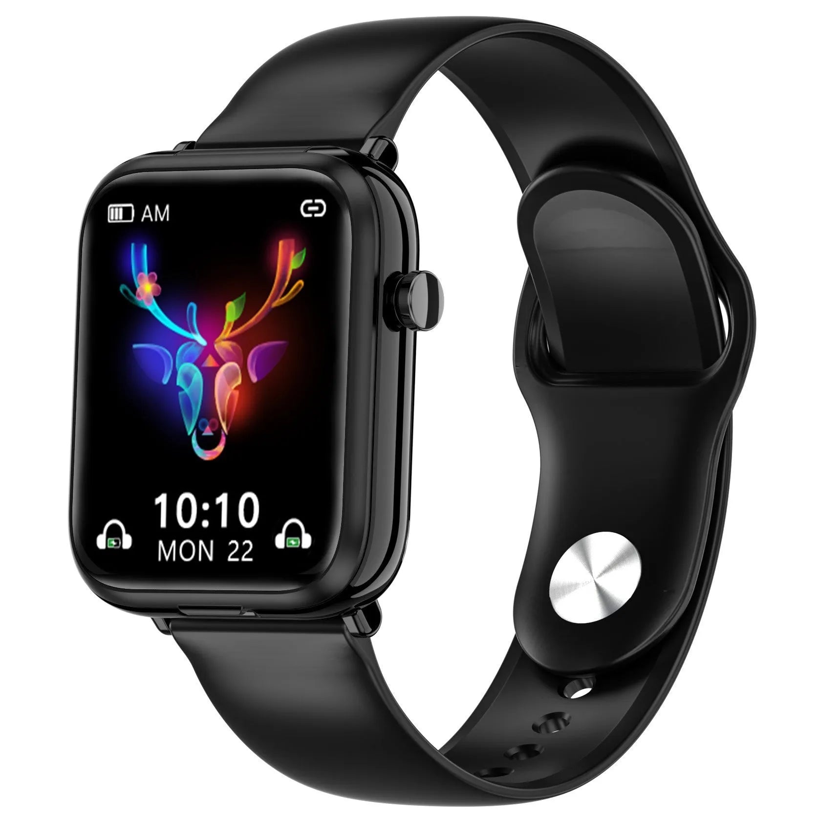 Black zinc alloy smartwatch with 1.69-inch touch screen and magnetic charging case for Bluetooth earbuds.