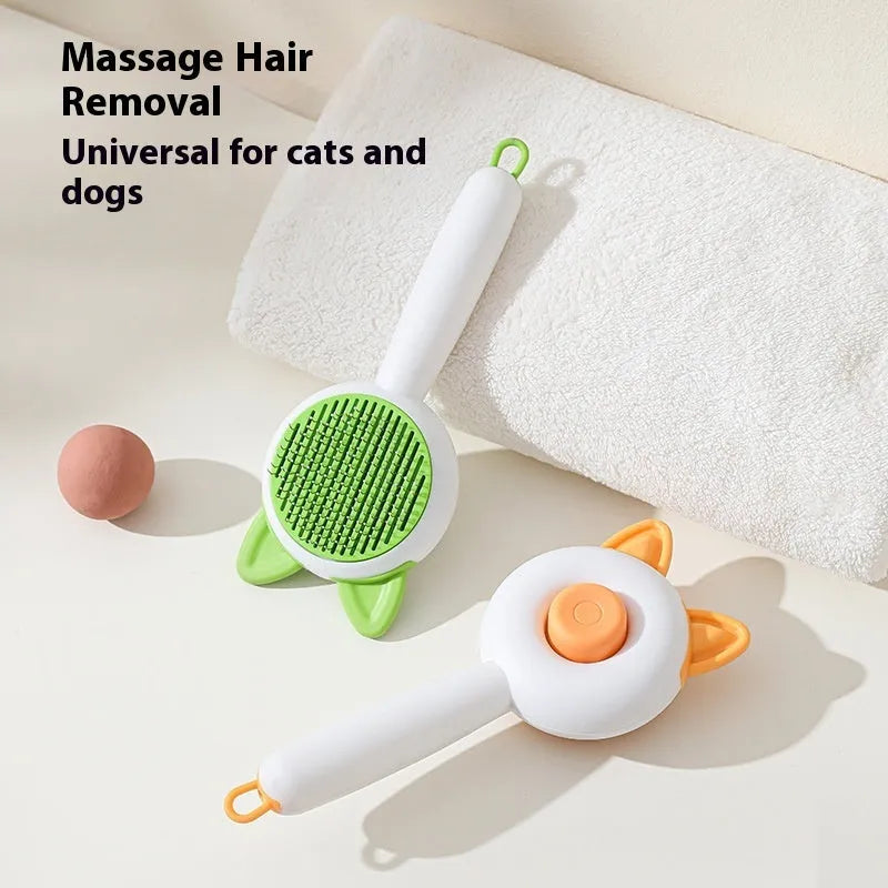 Self-cleaning cat grooming comb with stainless steel teeth and removable brush head in greenish white colour