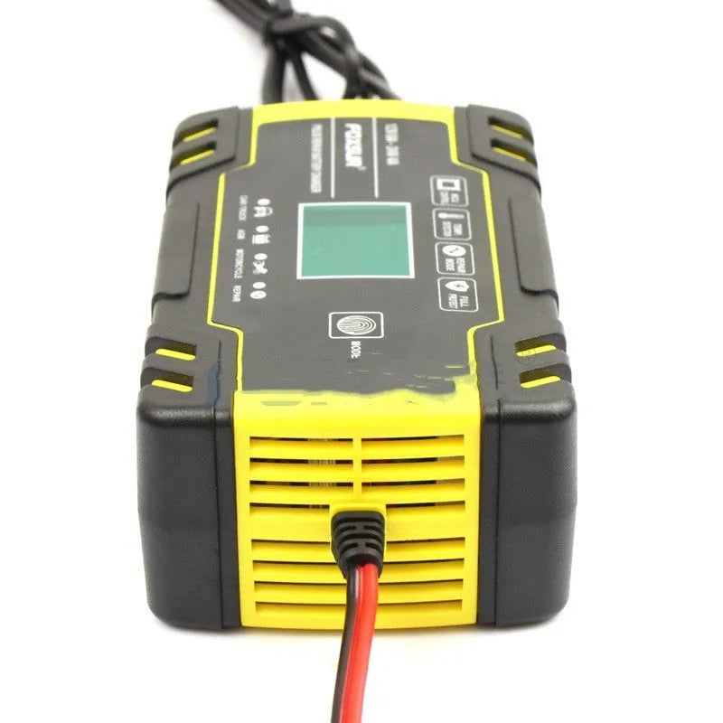 12V 24V motorcycle and car battery charger unit with LCD display screen.