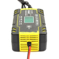 12V 24V motorcycle and car battery charger unit with LCD display screen.