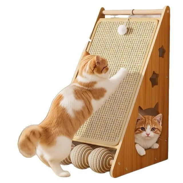 Vertical wall-mounted cat scratch board with sisal surface and hemp rope ball