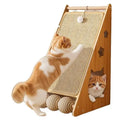 Vertical wall-mounted cat scratch board with sisal surface and hemp rope ball