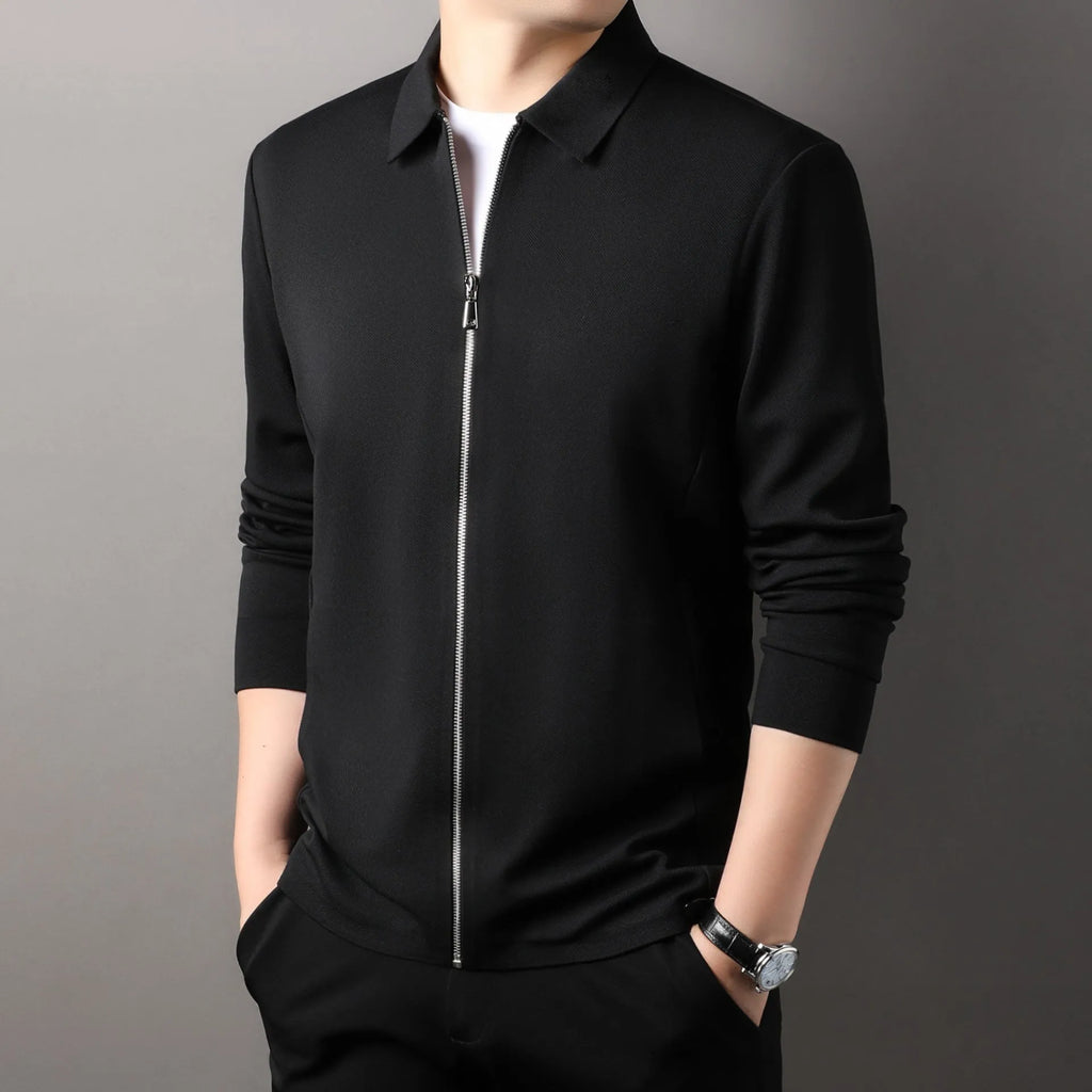 Men's slim fit casual business jacket in polyester available in black, dark grey, and apricot colours.