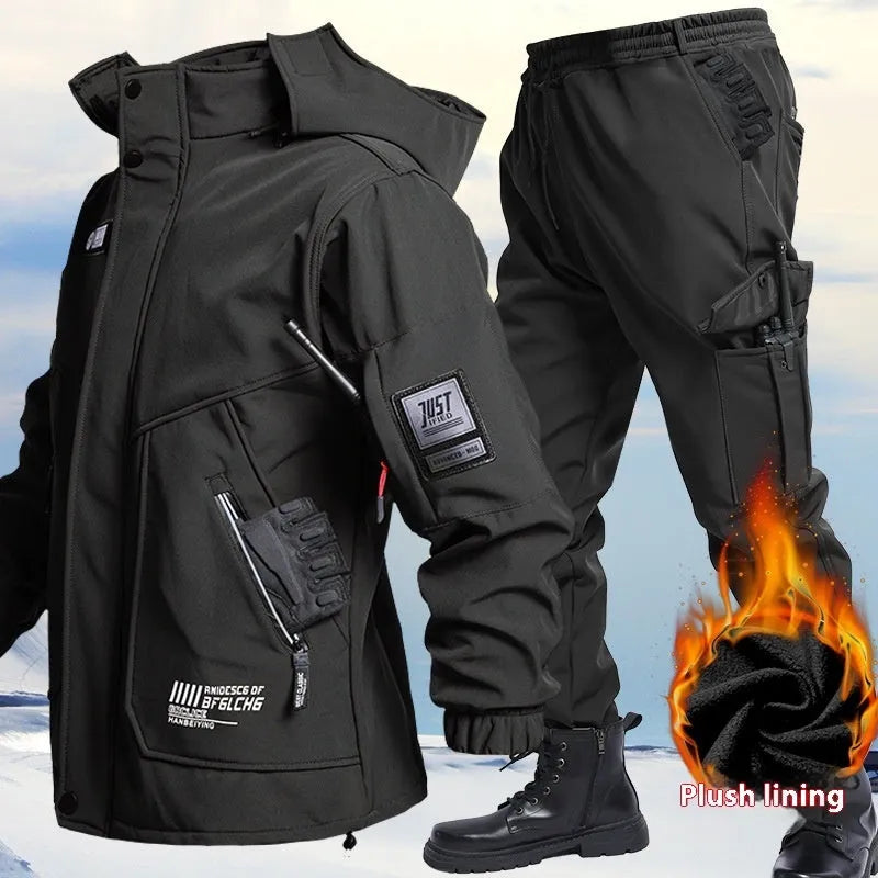 Fleece-lined waterproof jacket suit with shell jacket and pants, black army green grey khaki, sizes 165-190.