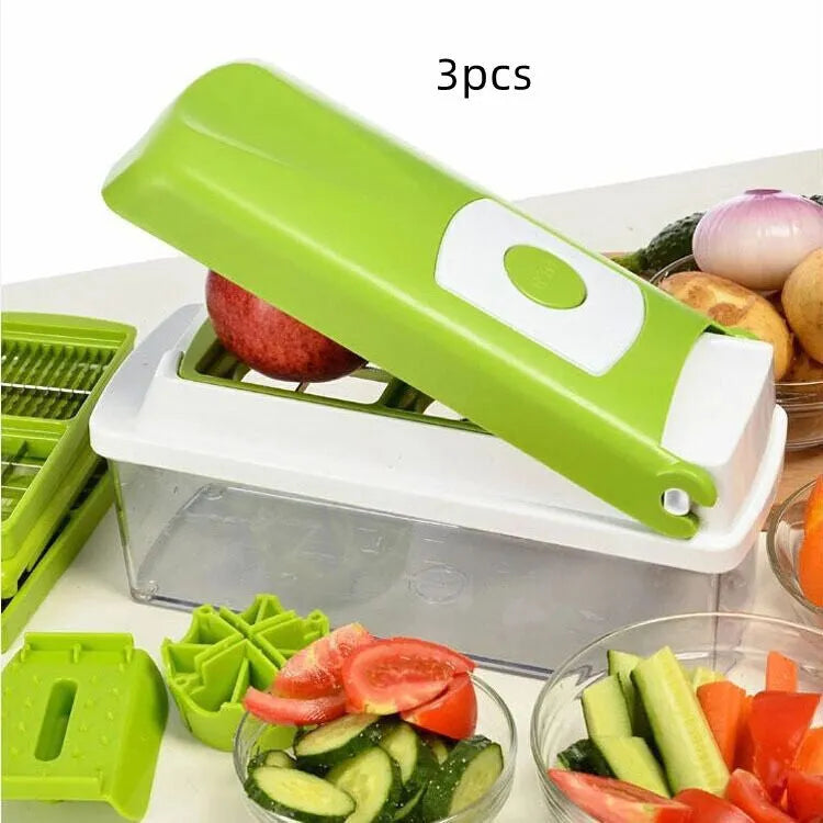 Green manual food chopper set with stainless steel blades, showing 12 pieces including handle and accessories.