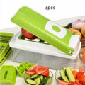 Green manual food chopper set with stainless steel blades, showing 12 pieces including handle and accessories.