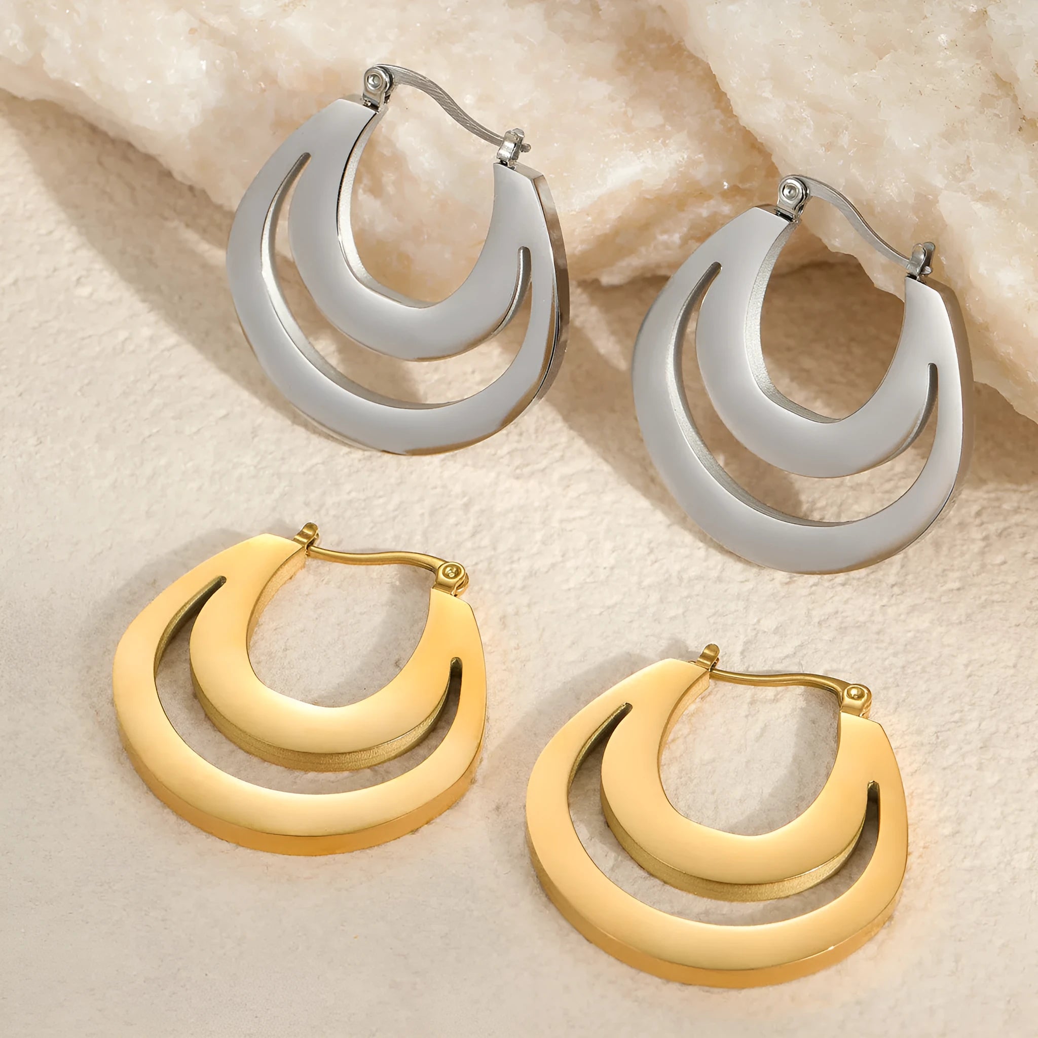 Geometric French earrings with stainless steel construction and 18K gold plating in minimalist design