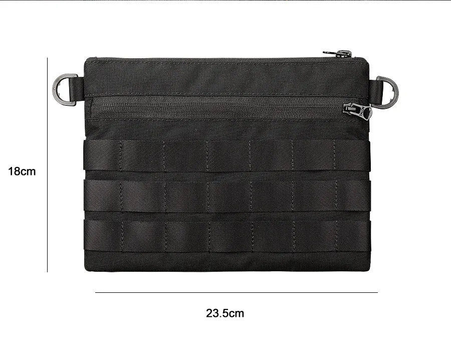 Black military-style Oxford cloth waist bag shown closed, measuring 18cm.