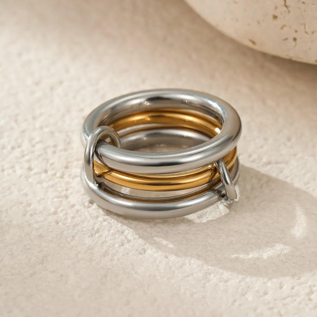 Stackable stainless steel rings with gold plating in three colour variations