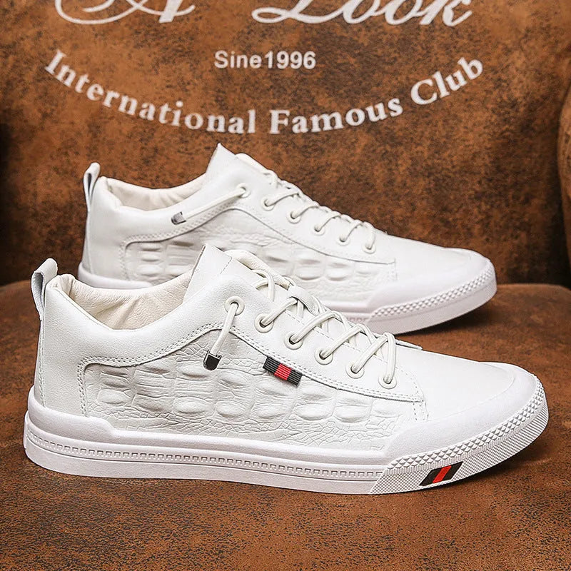 White men's casual sneakers with round toe and lace-up design on rubber sole